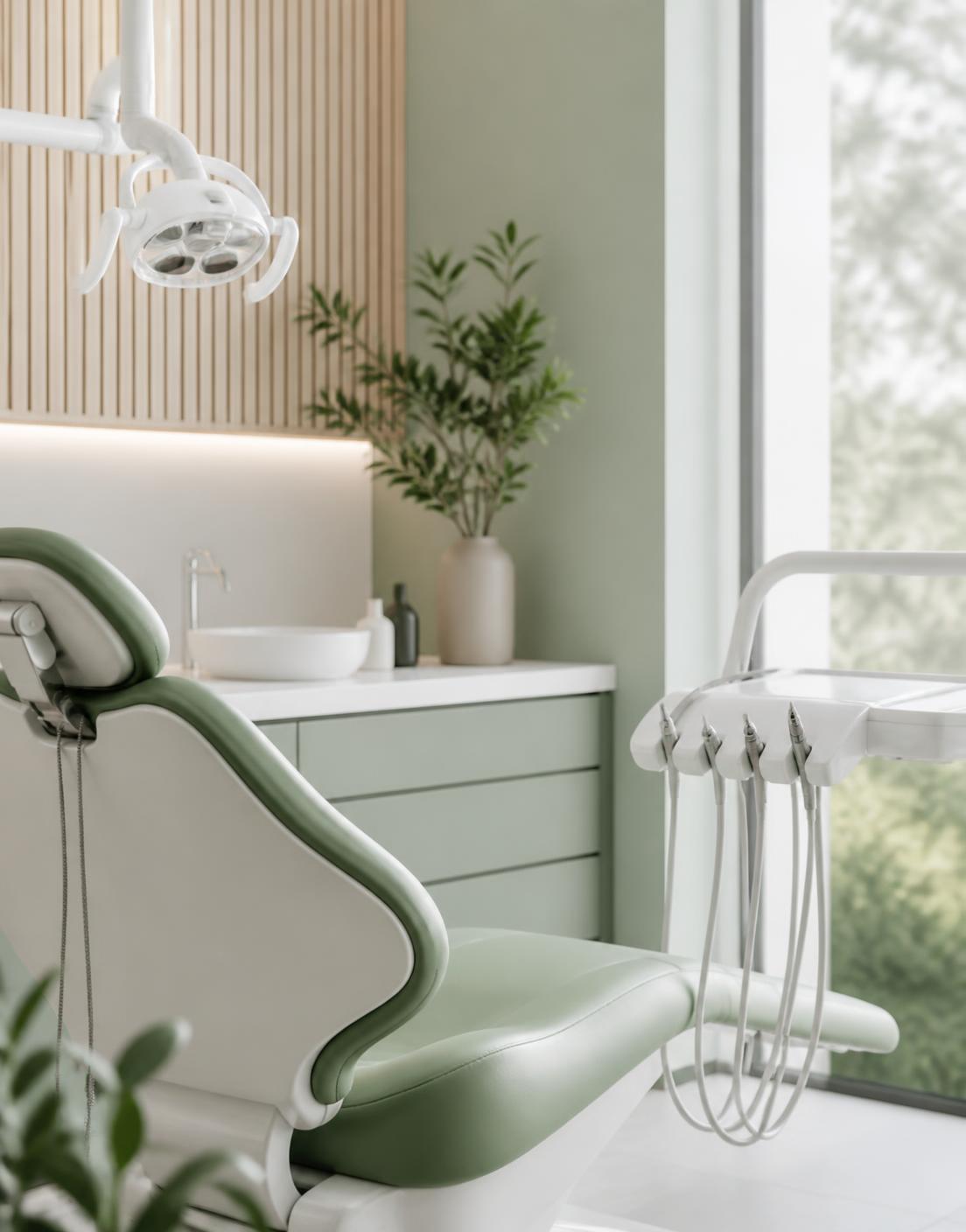Treatment room with soft daylight and sage green cabinetry